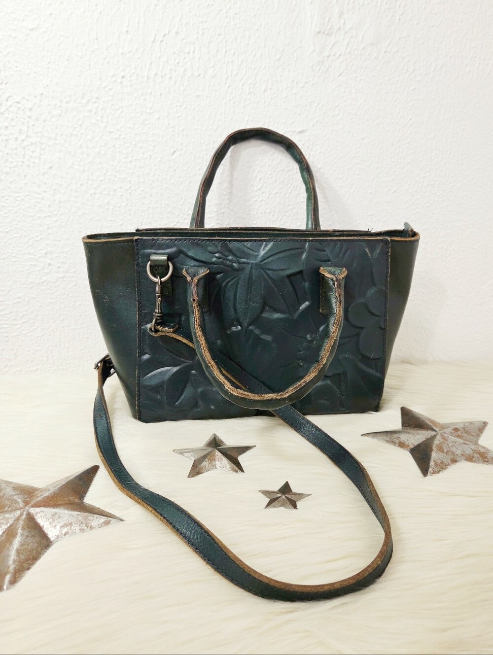 Patricia Nash Mozia Floral Deboss Leather Tote bag dark Green Purse tooled cross